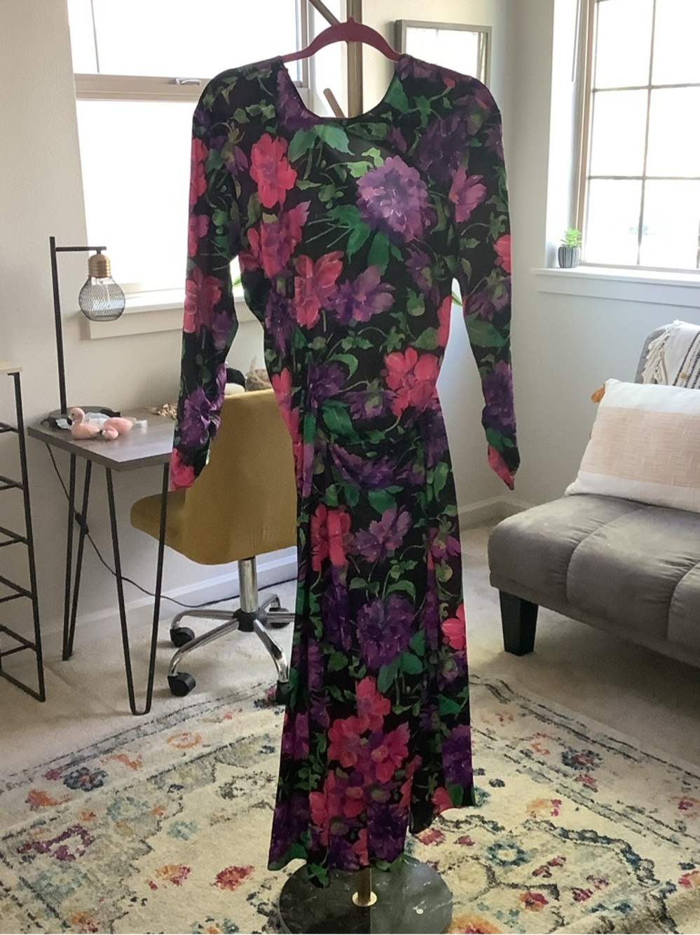 Zara Black Floral Maxi Dress with Pink & Purple Blooms